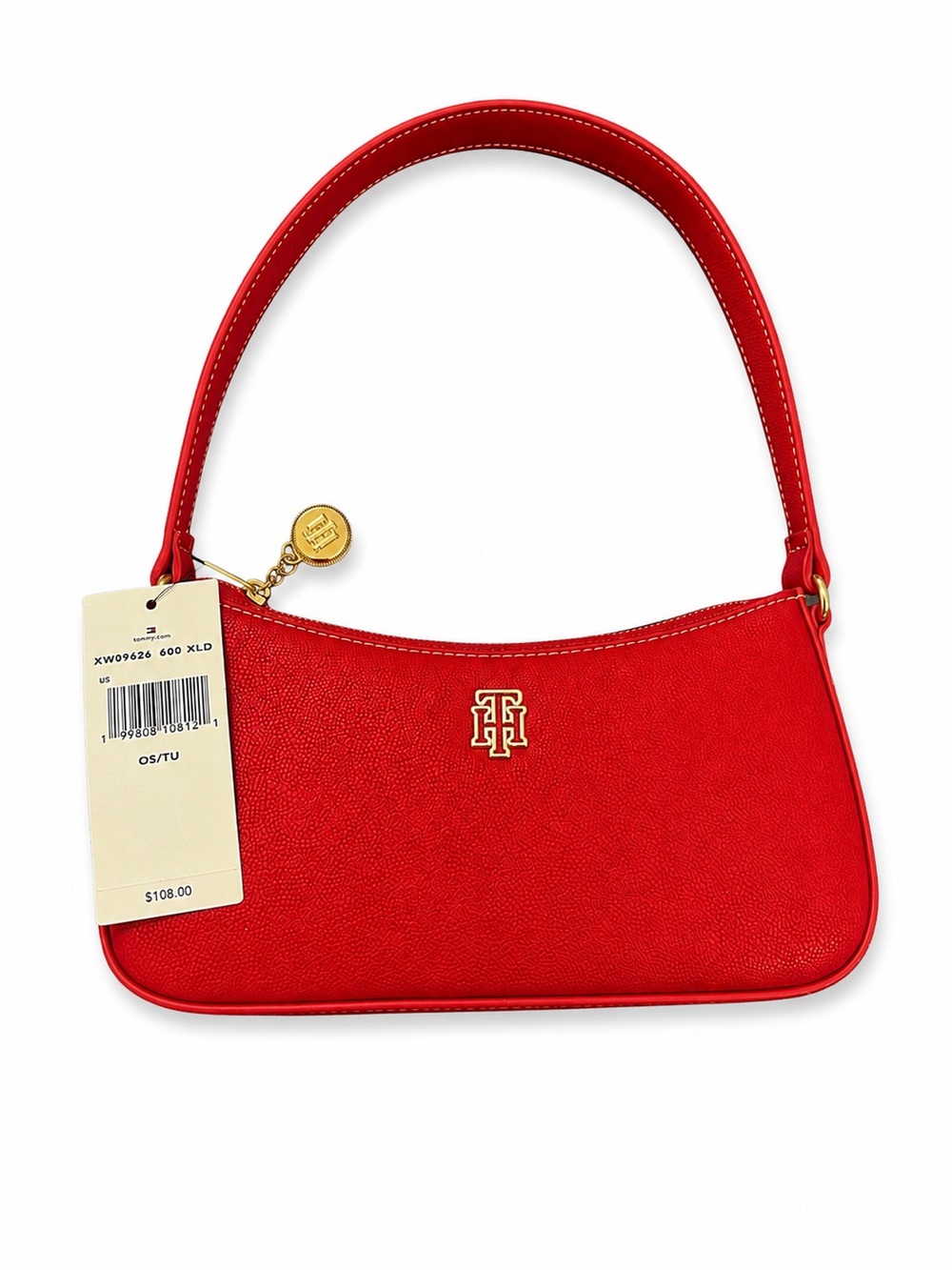Tommy Hilfiger Red Pebbled Leather Shoulder Bag with Gold Accents